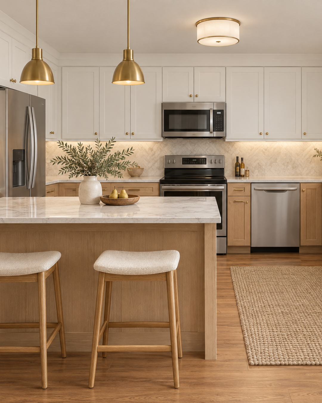 Kitchen with light oak lower cabinetry, cream upper cabinets, a marble-topped island with two bouclé stools, brass pendant lights, and a herringbone tile backsplash