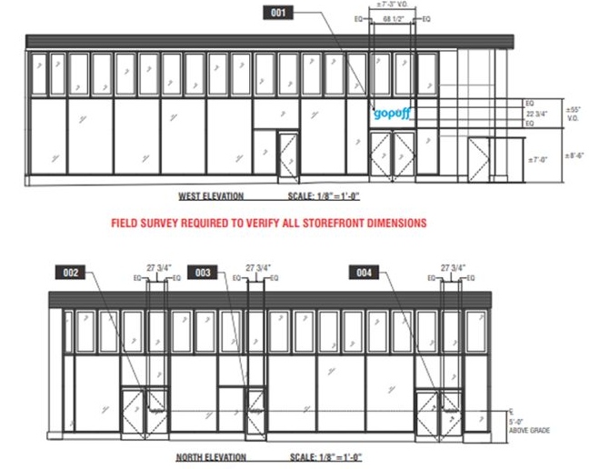 Gopuff west and north storefront elevations showing exterior signage locations