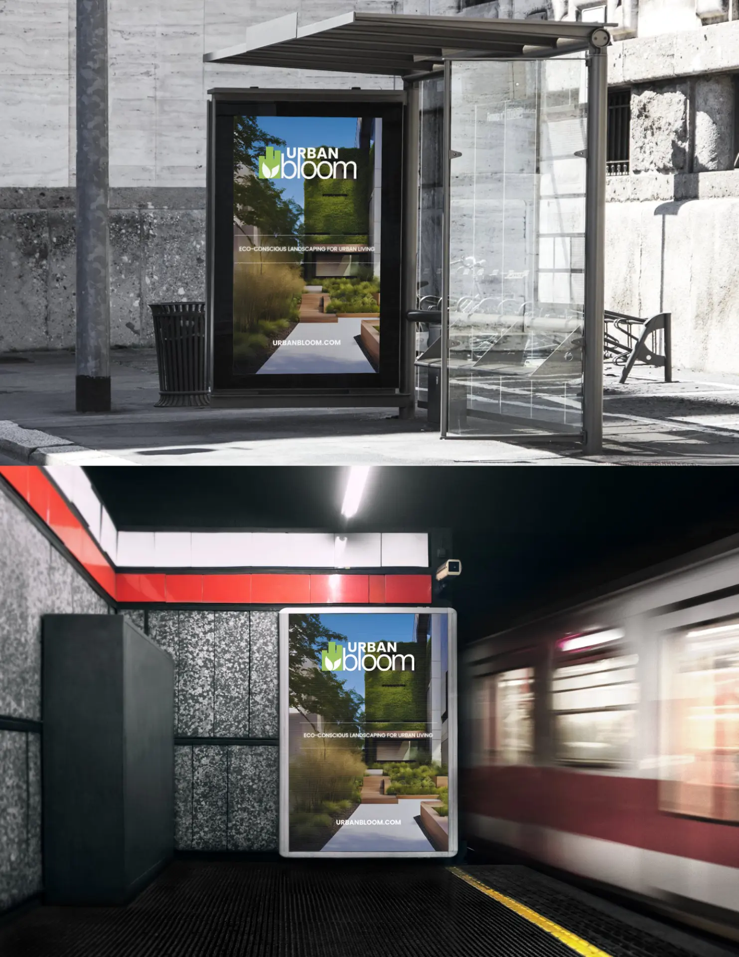 Urban Bloom poster displayed at a bus shelter and subway station