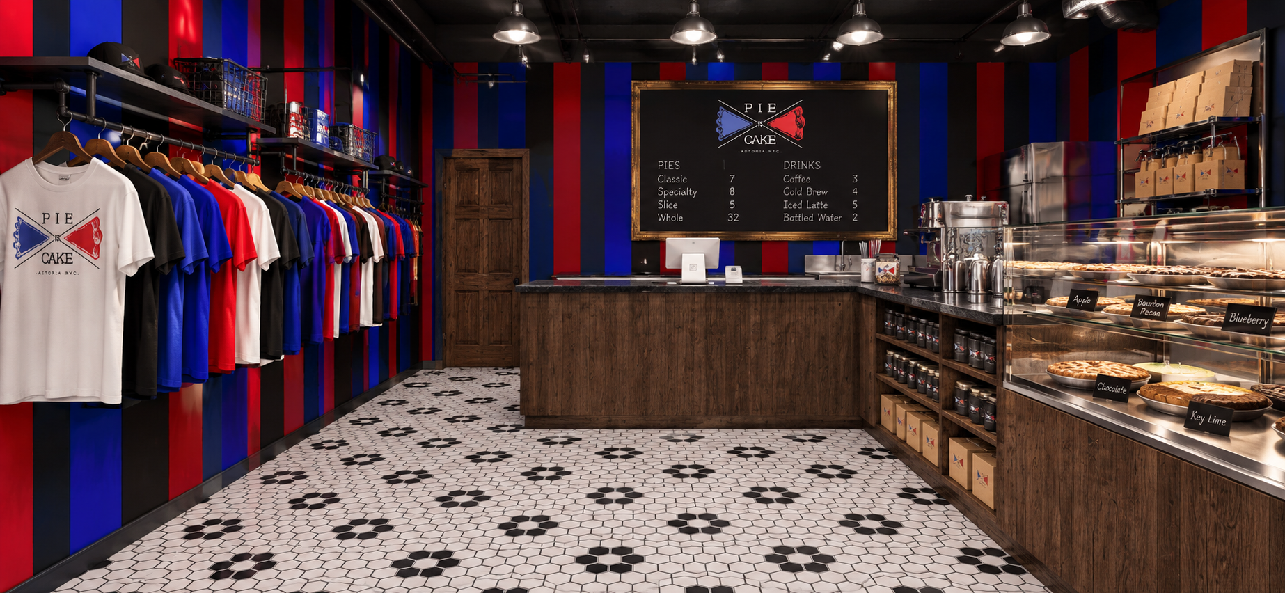 Pie vs Cake bakery interior rendering with red and blue striped walls, a chalkboard menu, pastry display case, and branded merchandise
