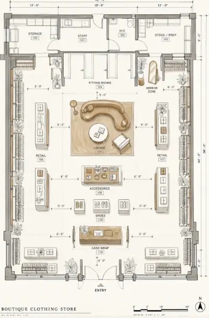 Velluto Boutique floor plan and space planning studies