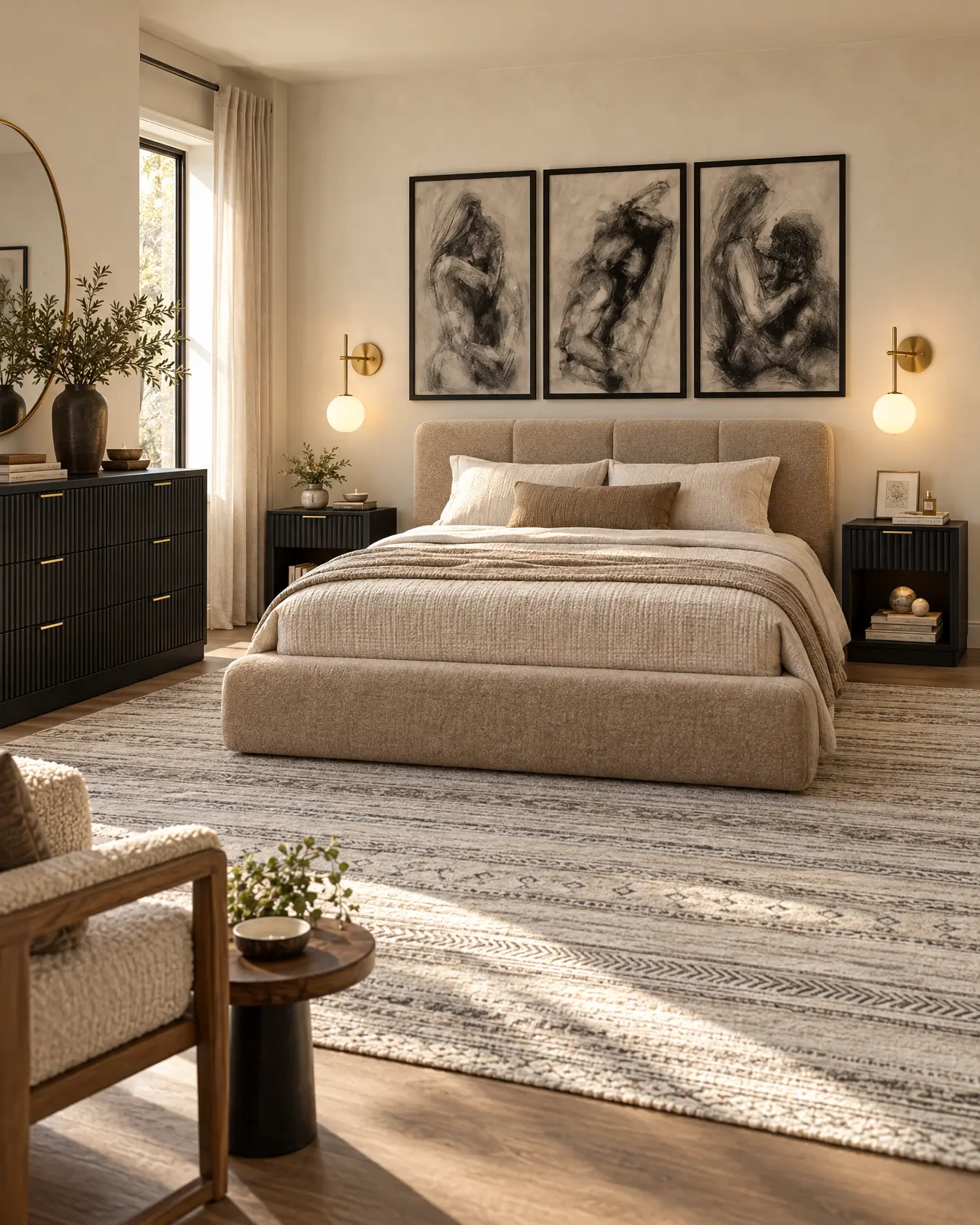 Bedroom with an upholstered platform bed, three framed charcoal sketches above the headboard, fluted black nightstands with brass pulls, a round brass mirror over a dresser, and morning light across a woven rug