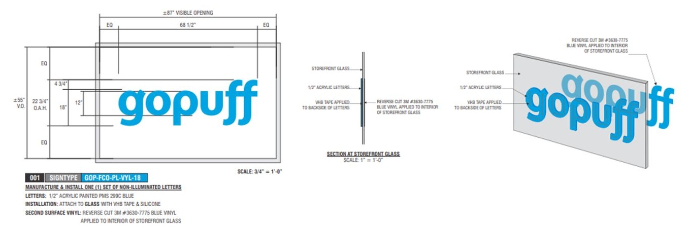 Gopuff exterior signage letters and storefront glass installation details