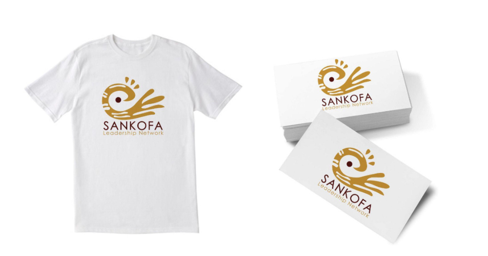 Sankofa Leadership Network logo on a white T-shirt and business cards