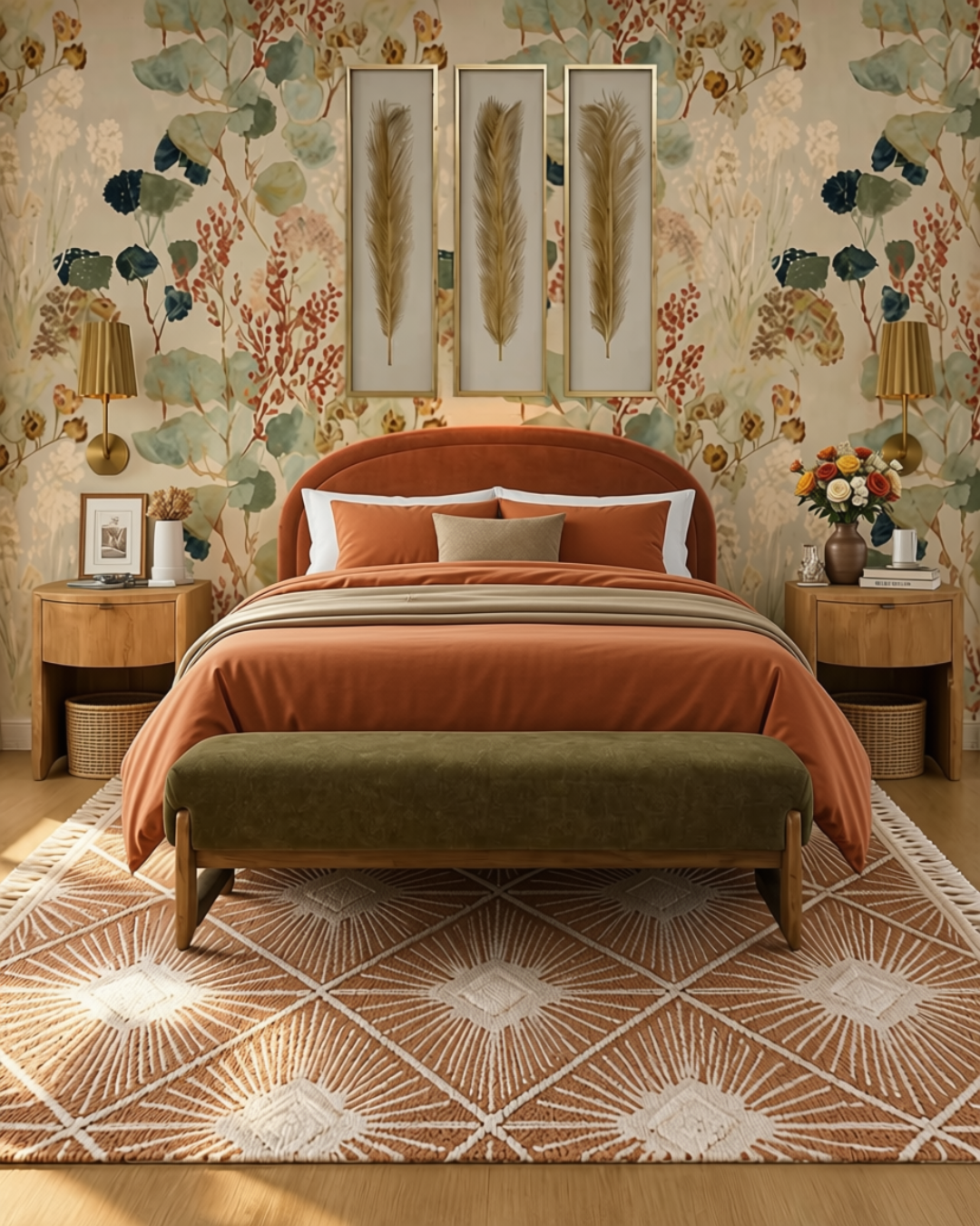 Bedroom with an arched rust velvet headboard, botanical wallpaper, three framed dried-botanical prints, fluted brass wall sconces, curved oak nightstands with woven baskets, a moss green bench at the foot of the bed, and a terracotta geometric rug on a light oak floor
