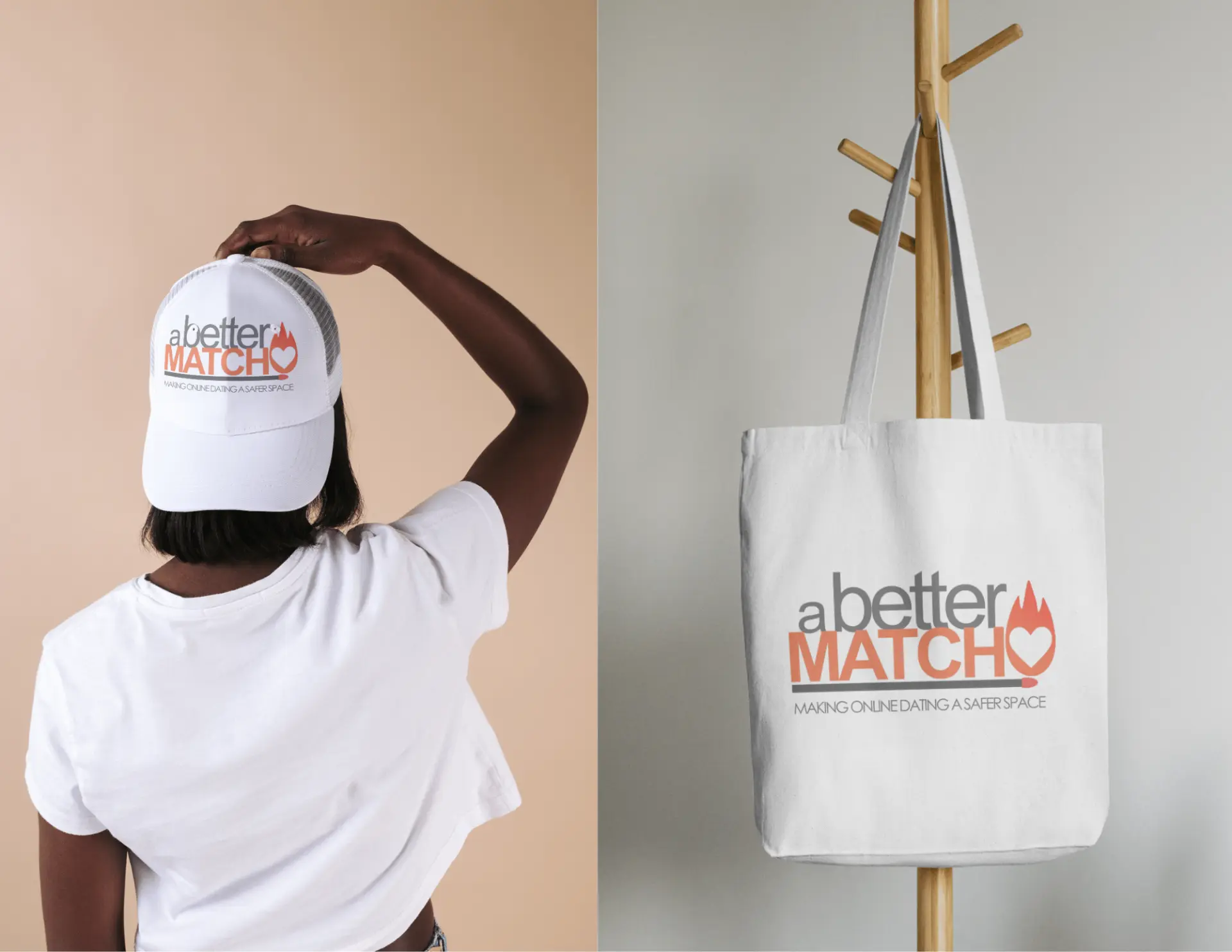 a better MATCH logo on a white cap and canvas tote bag