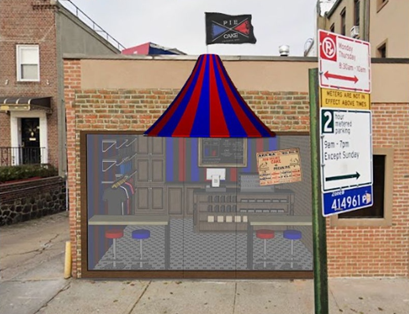 Pie vs Cake storefront rendering with a red and blue circus-inspired awning