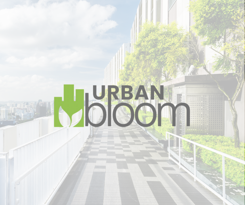 Urban Bloom logo with a green city and leaf symbol over a planted urban terrace